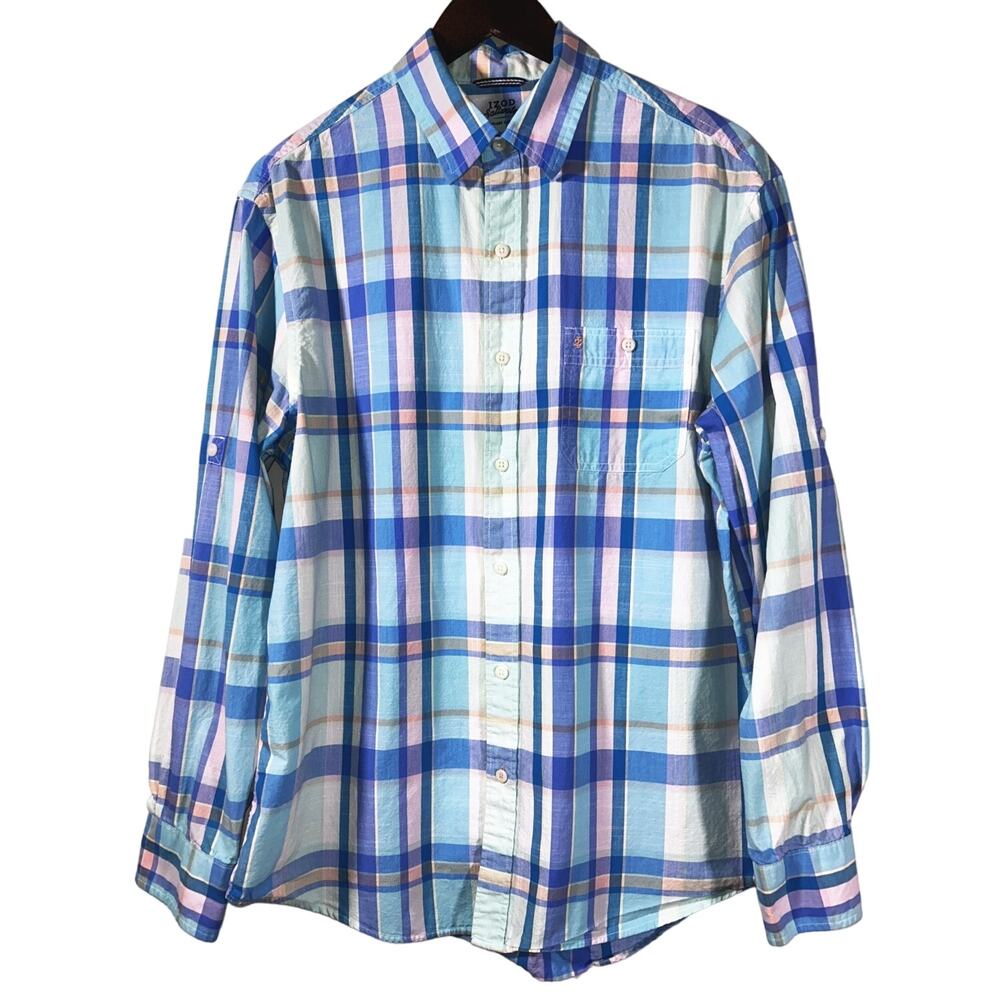 IZOD Saltwater Dockside Chambray Long Sleeve Button Down Plaid Shirt Men's M